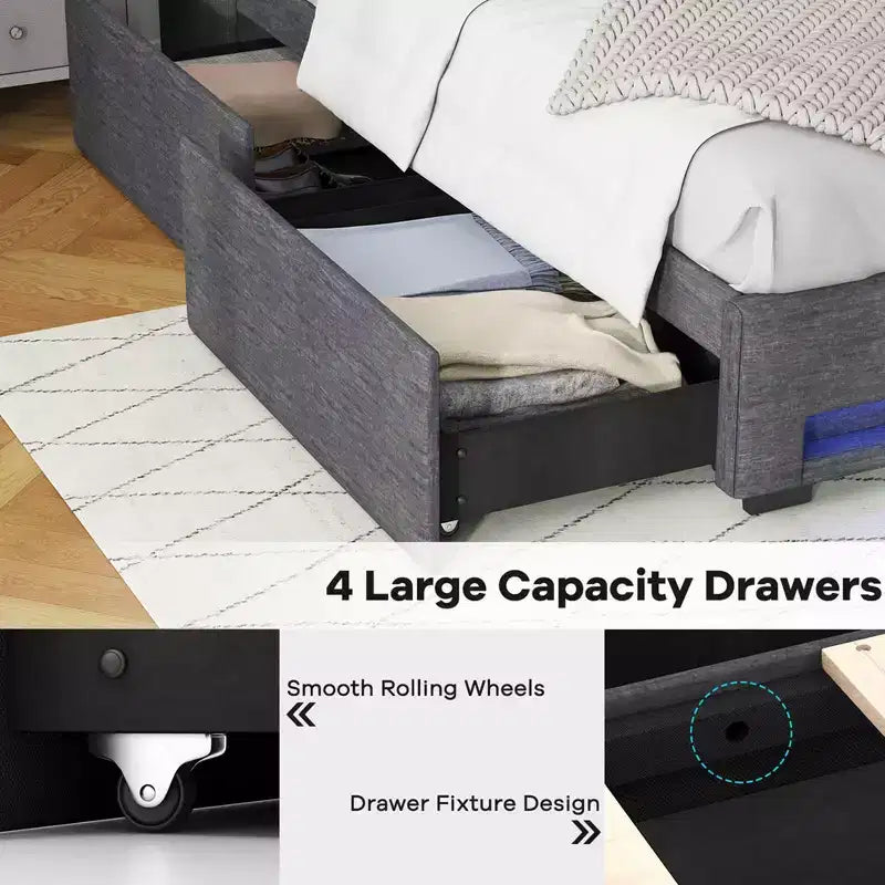 Cadre de lit Costway pour lit double/grand lit avec lumières LED et station de recharge, lit plateforme tapissé