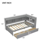 Lit bibliothèque Whisen en L de taille double avec prises électriques intégrées, ports de chargement USB et deux tiroirs de rangement