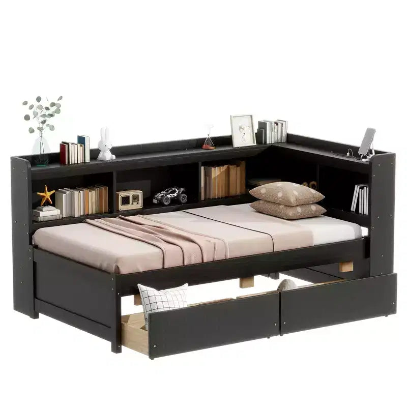Lit bibliothèque Whisen en L de taille double avec prises électriques intégrées, ports de chargement USB et deux tiroirs de rangement