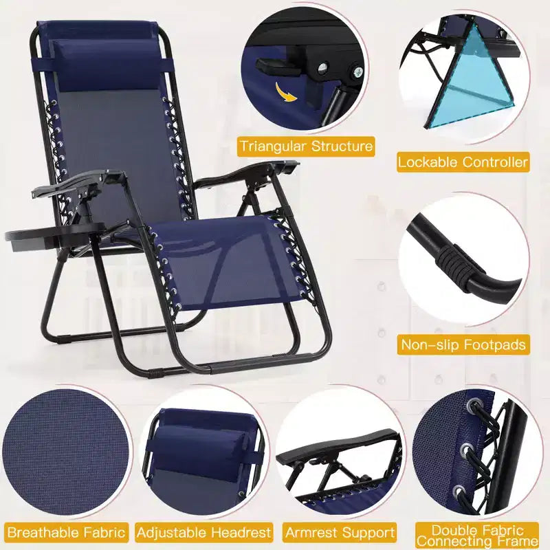 Lot de 2 chaises longues de gravité zéro EROMMY, chaises de patio inclinables pliantes avec porte-gobelet et appuie-tête