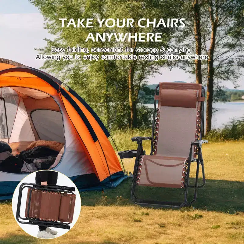 Lot de 2 chaises longues de gravité zéro EROMMY, chaises de patio inclinables pliantes avec porte-gobelet et appuie-tête