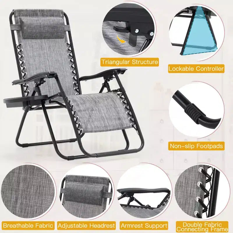 Lot de 2 chaises longues de gravité zéro EROMMY, chaises de patio inclinables pliantes avec porte-gobelet et appuie-tête