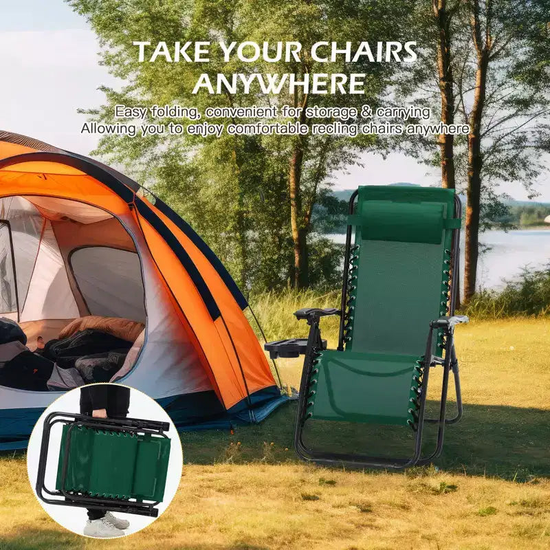 Lot de 2 chaises longues de gravité zéro EROMMY, chaises de patio inclinables pliantes avec porte-gobelet et appuie-tête