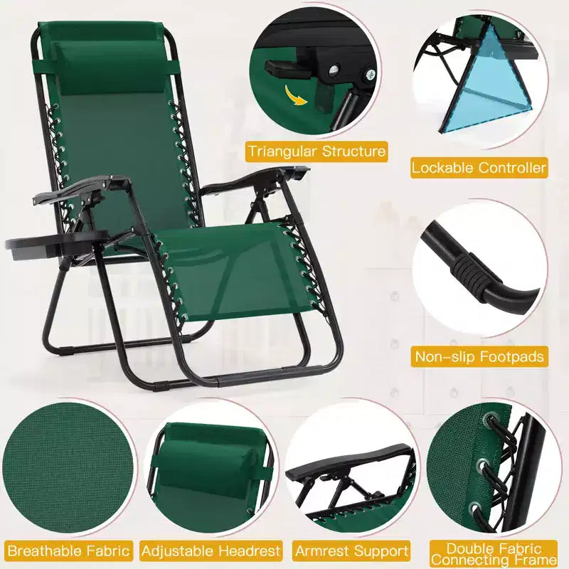 Lot de 2 chaises longues de gravité zéro EROMMY, chaises de patio inclinables pliantes avec porte-gobelet et appuie-tête