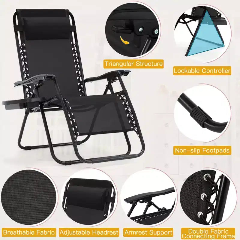 Lot de 2 chaises longues de gravité zéro EROMMY, chaises de patio inclinables pliantes avec porte-gobelet et appuie-tête