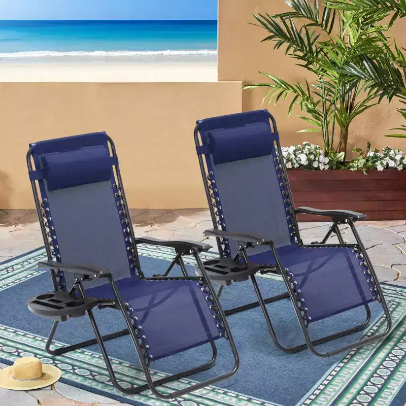 Lot de 2 chaises longues de gravité zéro EROMMY, chaises de patio inclinables pliantes avec porte-gobelet et appuie-tête
