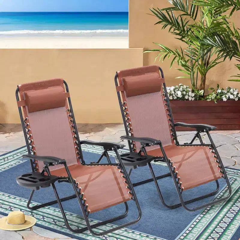 Lot de 2 chaises longues de gravité zéro EROMMY, chaises de patio inclinables pliantes avec porte-gobelet et appuie-tête