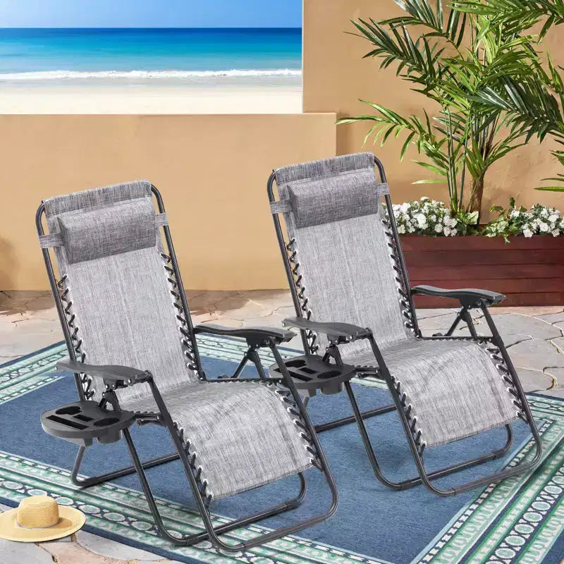 Lot de 2 chaises longues de gravité zéro EROMMY, chaises de patio inclinables pliantes avec porte-gobelet et appuie-tête