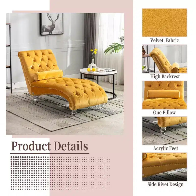 Chaise longue en velours d'intérieur, chaise longue rembourrée capitonnée avec oreiller pour chambre à coucher