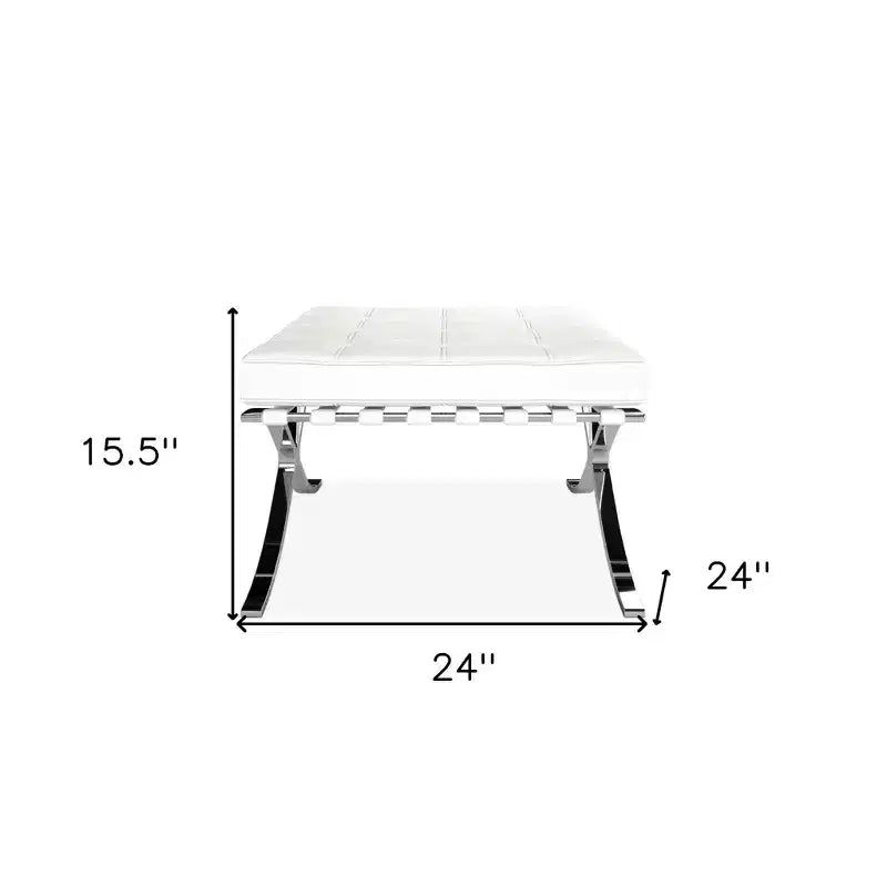 HomeRoots 24 Pouf ottoman capitonné en cuir véritable blanc et argent