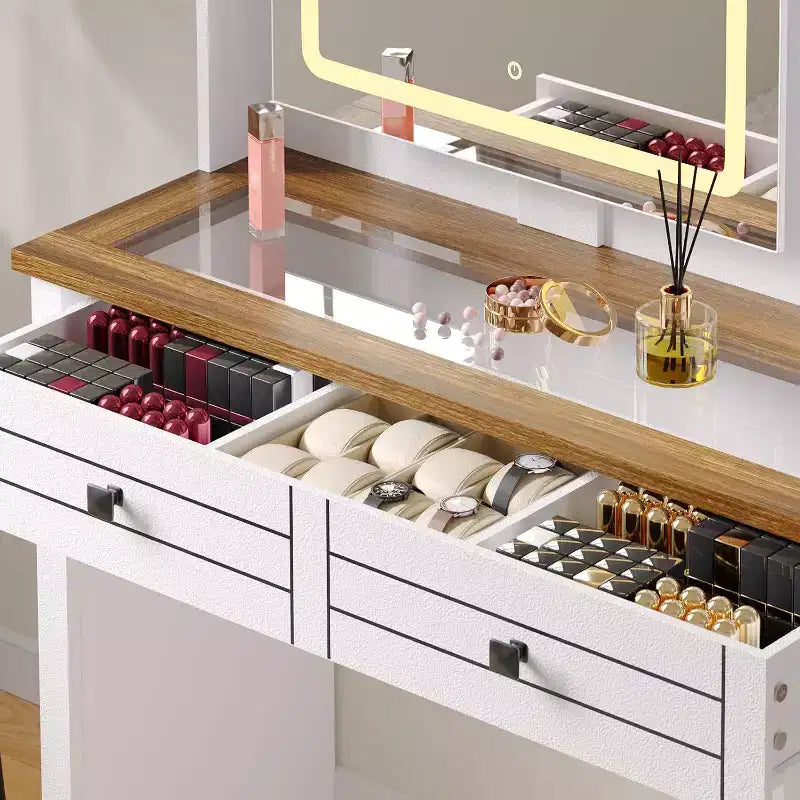 Coiffeuse avec lumières, coiffeuse de ferme avec multiprise, coiffeuse avec plateau en verre et 5 tiroirs, coiffeuse avec miroir pour chambre à coucher