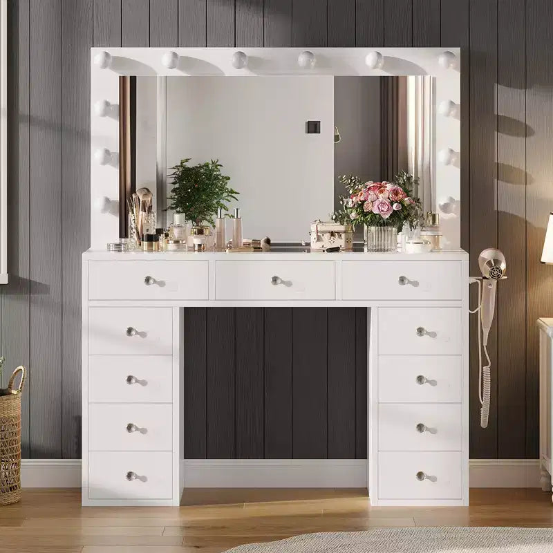 Coiffeuse avec lumières, coiffeuse de ferme avec multiprise, coiffeuse avec plateau en verre et 5 tiroirs, coiffeuse avec miroir pour chambre à coucher