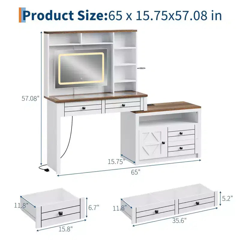 Coiffeuse avec lumières, coiffeuse de ferme avec multiprise, coiffeuse avec plateau en verre et 5 tiroirs, coiffeuse avec miroir pour chambre à coucher