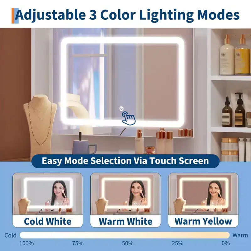Coiffeuse avec lumières, coiffeuse de ferme avec multiprise, coiffeuse avec plateau en verre et 5 tiroirs, coiffeuse avec miroir pour chambre à coucher