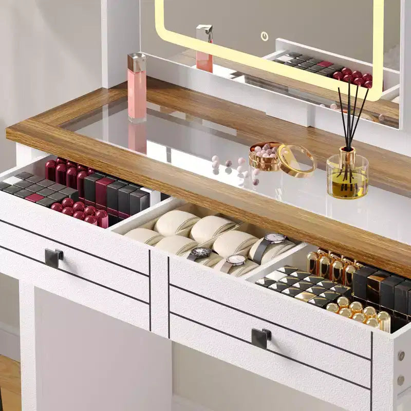 Coiffeuse avec lumières, coiffeuse de ferme avec multiprise, coiffeuse avec plateau en verre et 5 tiroirs, coiffeuse avec miroir pour chambre à coucher