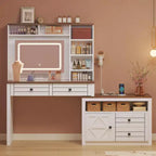 Coiffeuse avec lumières, coiffeuse de ferme avec multiprise, coiffeuse avec plateau en verre et 5 tiroirs, coiffeuse avec miroir pour chambre à coucher