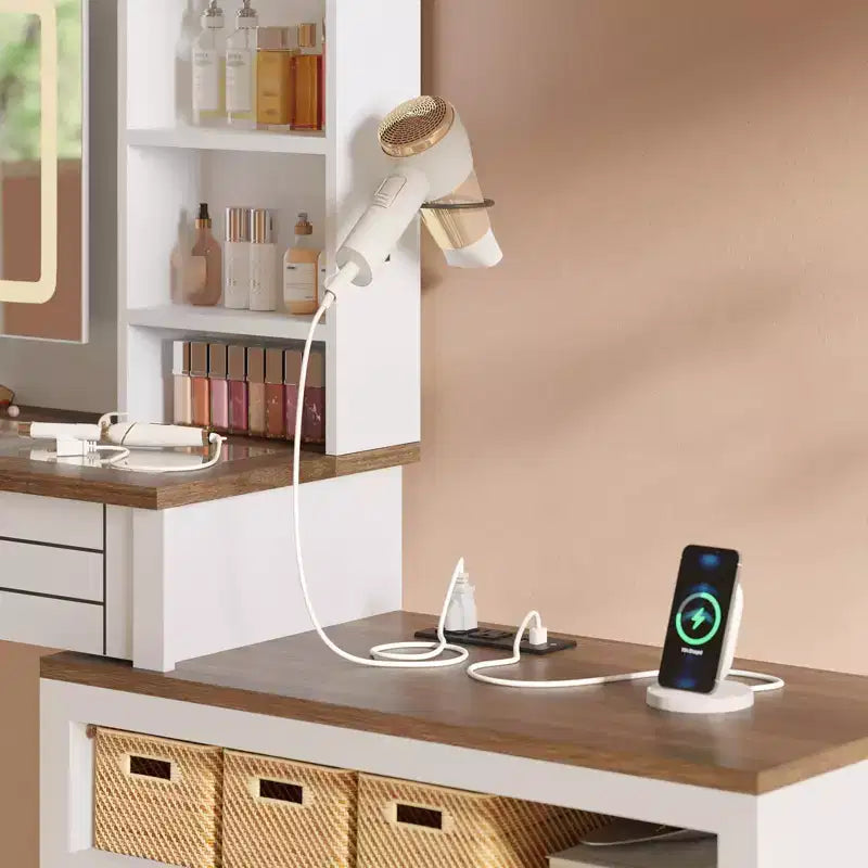 Coiffeuse avec lumières, coiffeuse de ferme avec multiprise, coiffeuse avec plateau en verre et 5 tiroirs, coiffeuse avec miroir pour chambre à coucher