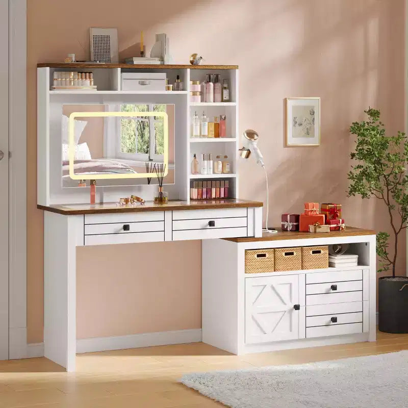 Coiffeuse avec lumières, coiffeuse de ferme avec multiprise, coiffeuse avec plateau en verre et 5 tiroirs, coiffeuse avec miroir pour chambre à coucher