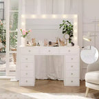 Coiffeuse avec lumières, coiffeuse de ferme avec multiprise, coiffeuse avec plateau en verre et 5 tiroirs, coiffeuse avec miroir pour chambre à coucher