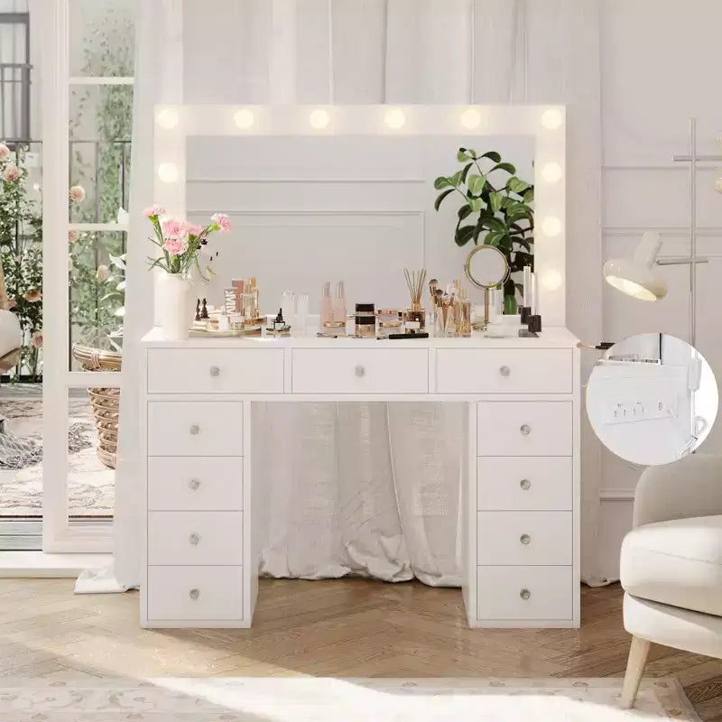 Coiffeuse avec lumières, coiffeuse de ferme avec multiprise, coiffeuse avec plateau en verre et 5 tiroirs, coiffeuse avec miroir pour chambre à coucher