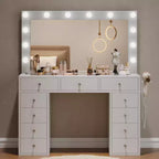 Coiffeuse avec lumières, coiffeuse de ferme avec multiprise, coiffeuse avec plateau en verre et 5 tiroirs, coiffeuse avec miroir pour chambre à coucher