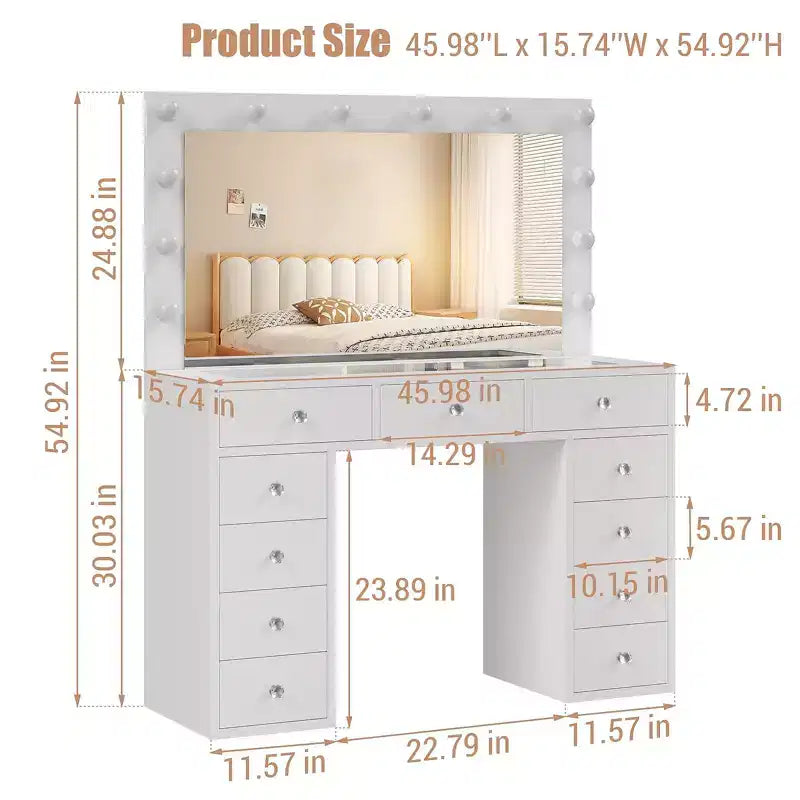 Coiffeuse avec lumières, coiffeuse de ferme avec multiprise, coiffeuse avec plateau en verre et 5 tiroirs, coiffeuse avec miroir pour chambre à coucher