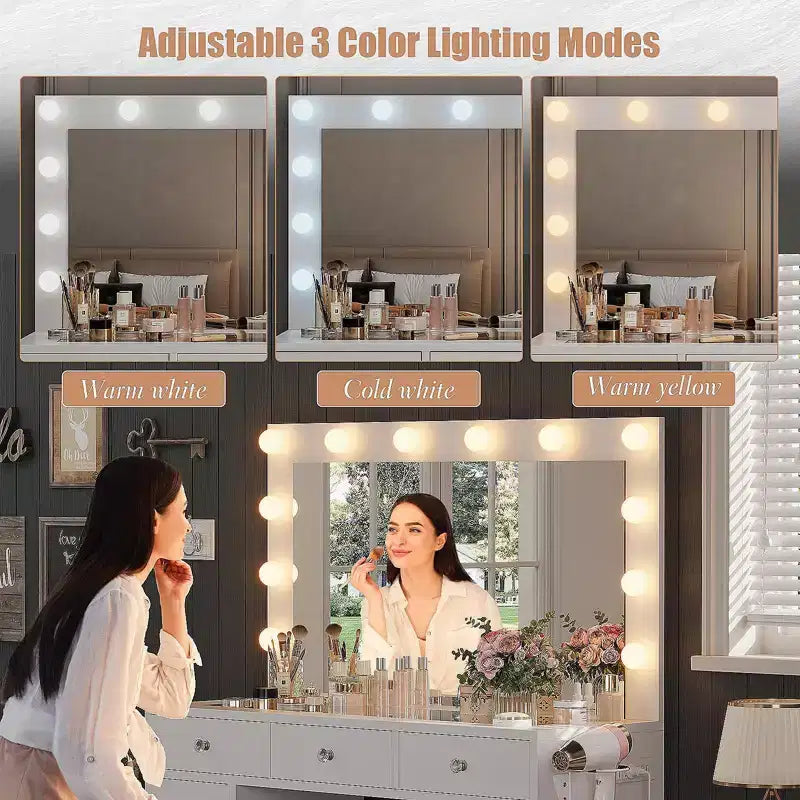 Coiffeuse avec lumières, coiffeuse de ferme avec multiprise, coiffeuse avec plateau en verre et 5 tiroirs, coiffeuse avec miroir pour chambre à coucher