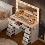 Coiffeuse avec lumières, coiffeuse de ferme avec multiprise, coiffeuse avec plateau en verre et 5 tiroirs, coiffeuse avec miroir pour chambre à coucher