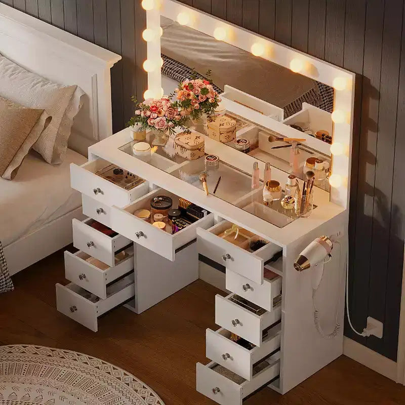 Coiffeuse avec lumières, coiffeuse de ferme avec multiprise, coiffeuse avec plateau en verre et 5 tiroirs, coiffeuse avec miroir pour chambre à coucher