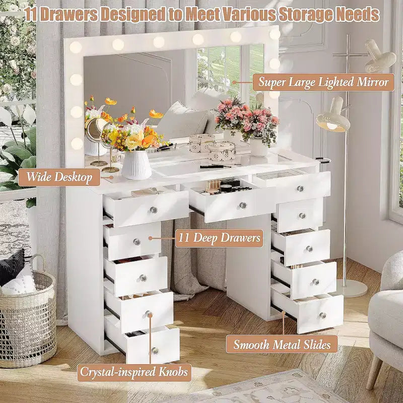 Coiffeuse avec lumières, coiffeuse de ferme avec multiprise, coiffeuse avec plateau en verre et 5 tiroirs, coiffeuse avec miroir pour chambre à coucher