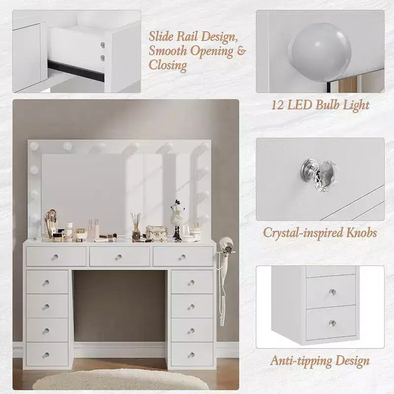 Coiffeuse avec lumières, coiffeuse de ferme avec multiprise, coiffeuse avec plateau en verre et 5 tiroirs, coiffeuse avec miroir pour chambre à coucher