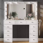 Coiffeuse avec lumières, coiffeuse de ferme avec multiprise, coiffeuse avec plateau en verre et 5 tiroirs, coiffeuse avec miroir pour chambre à coucher