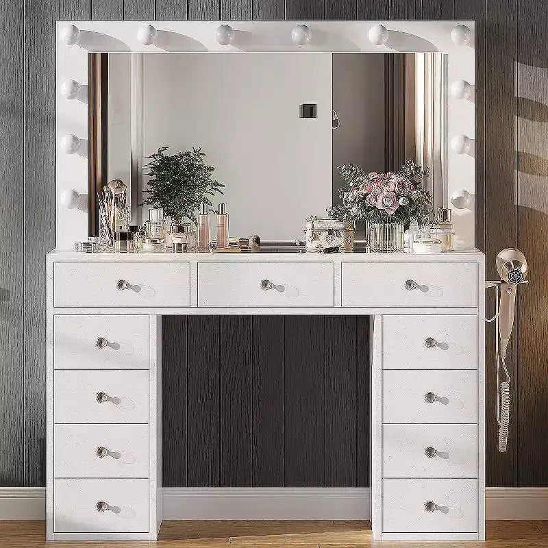 Coiffeuse avec lumières, coiffeuse de ferme avec multiprise, coiffeuse avec plateau en verre et 5 tiroirs, coiffeuse avec miroir pour chambre à coucher