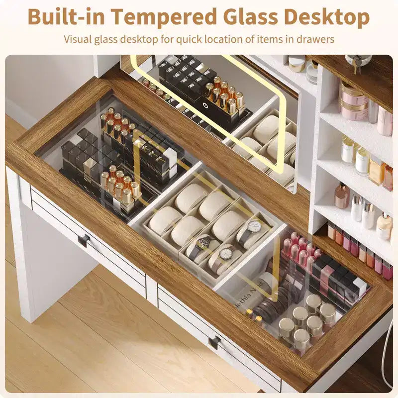 Coiffeuse avec lumières, coiffeuse de ferme avec multiprise, coiffeuse avec plateau en verre et 5 tiroirs, coiffeuse avec miroir pour chambre à coucher