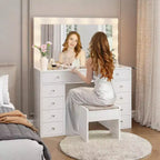 Coiffeuse avec lumières, coiffeuse de ferme avec multiprise, coiffeuse avec plateau en verre et 5 tiroirs, coiffeuse avec miroir pour chambre à coucher