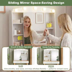Coiffeuse avec lumières, coiffeuse de ferme avec multiprise, coiffeuse avec plateau en verre et 5 tiroirs, coiffeuse avec miroir pour chambre à coucher