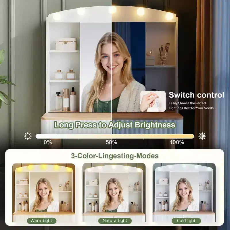 Coiffeuse avec lumières, coiffeuse de ferme avec multiprise, coiffeuse avec plateau en verre et 5 tiroirs, coiffeuse avec miroir pour chambre à coucher