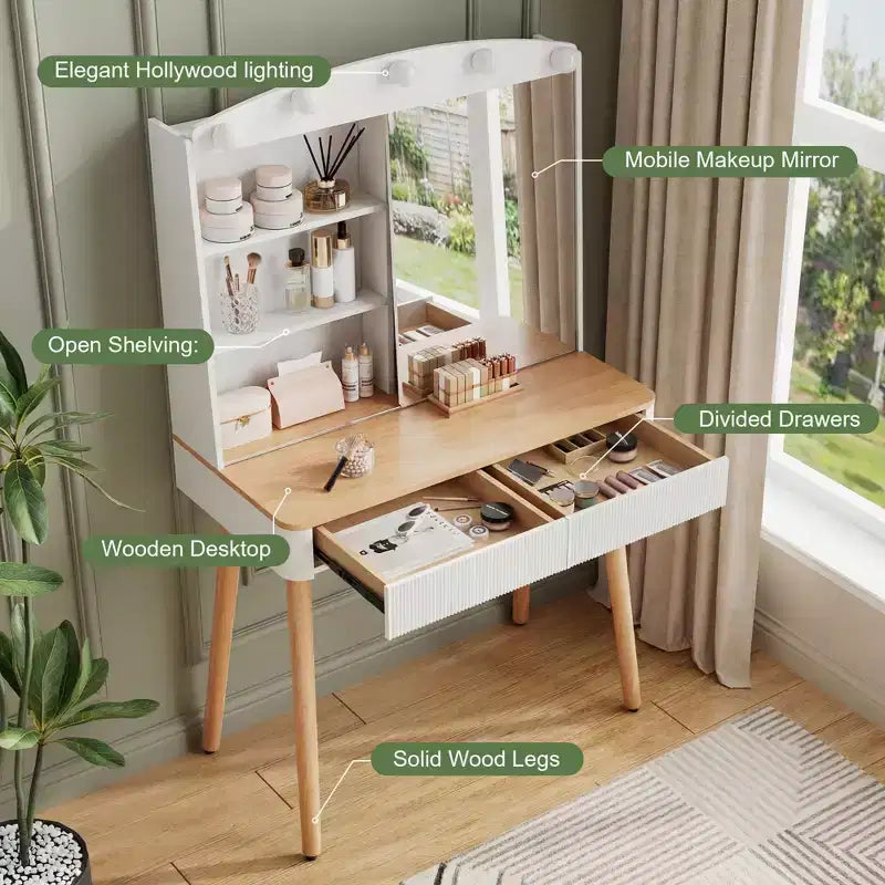 Coiffeuse avec lumières, coiffeuse de ferme avec multiprise, coiffeuse avec plateau en verre et 5 tiroirs, coiffeuse avec miroir pour chambre à coucher