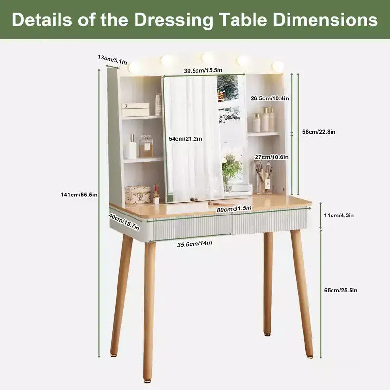 Coiffeuse avec lumières, coiffeuse de ferme avec multiprise, coiffeuse avec plateau en verre et 5 tiroirs, coiffeuse avec miroir pour chambre à coucher