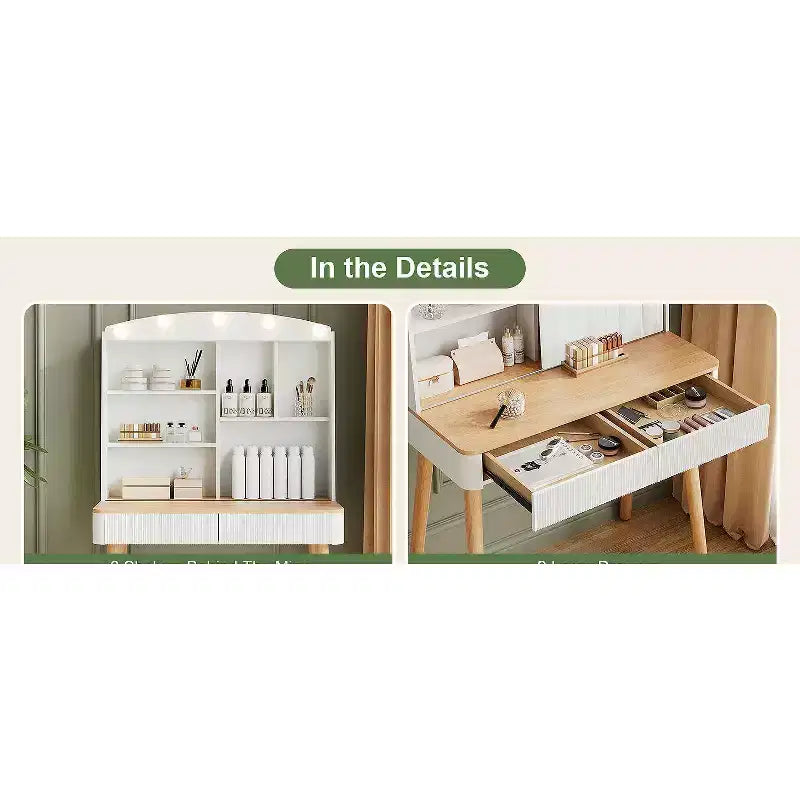 Coiffeuse avec lumières, coiffeuse de ferme avec multiprise, coiffeuse avec plateau en verre et 5 tiroirs, coiffeuse avec miroir pour chambre à coucher