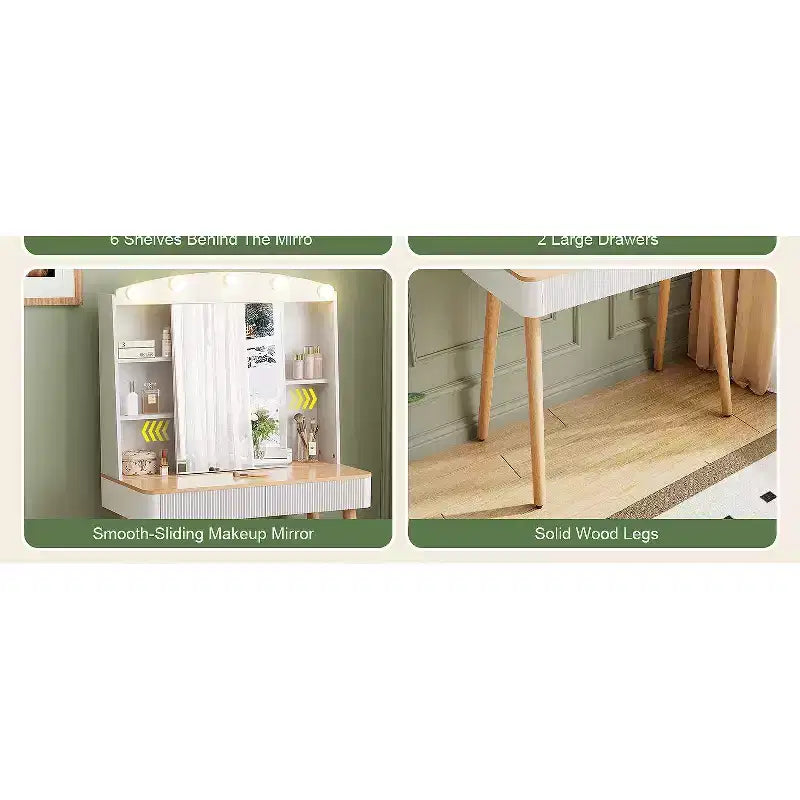 Coiffeuse avec lumières, coiffeuse de ferme avec multiprise, coiffeuse avec plateau en verre et 5 tiroirs, coiffeuse avec miroir pour chambre à coucher