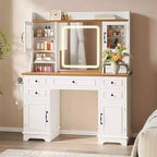 Coiffeuse avec lumières, coiffeuse de ferme avec multiprise, coiffeuse avec plateau en verre et 5 tiroirs, coiffeuse avec miroir pour chambre à coucher