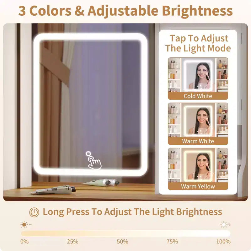 Coiffeuse avec lumières, coiffeuse de ferme avec multiprise, coiffeuse avec plateau en verre et 5 tiroirs, coiffeuse avec miroir pour chambre à coucher