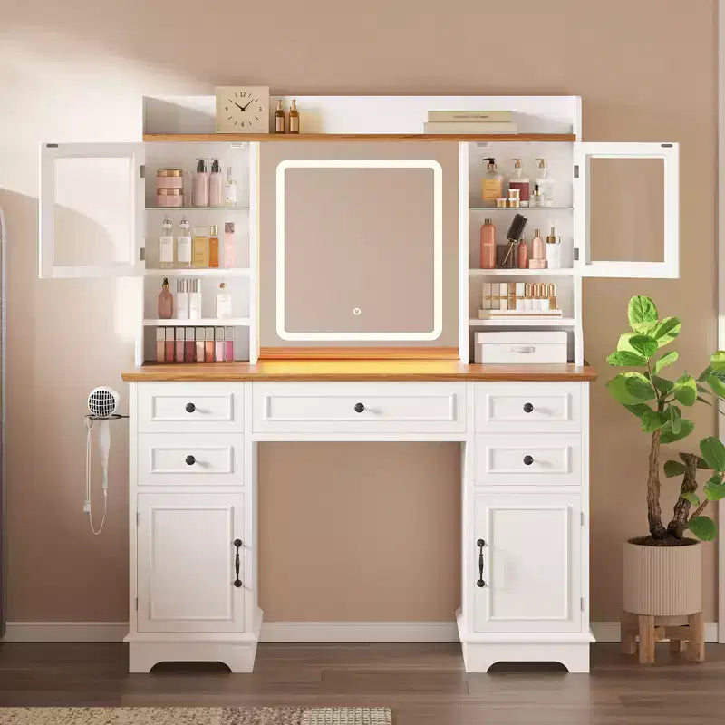 Coiffeuse avec lumières, coiffeuse de ferme avec multiprise, coiffeuse avec plateau en verre et 5 tiroirs, coiffeuse avec miroir pour chambre à coucher