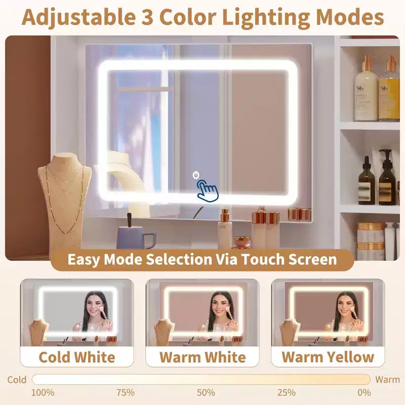 Coiffeuse avec lumières, coiffeuse de ferme avec multiprise, coiffeuse avec plateau en verre et 5 tiroirs, coiffeuse avec miroir pour chambre à coucher