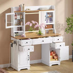 Coiffeuse avec lumières, coiffeuse de ferme avec multiprise, coiffeuse avec plateau en verre et 5 tiroirs, coiffeuse avec miroir pour chambre à coucher