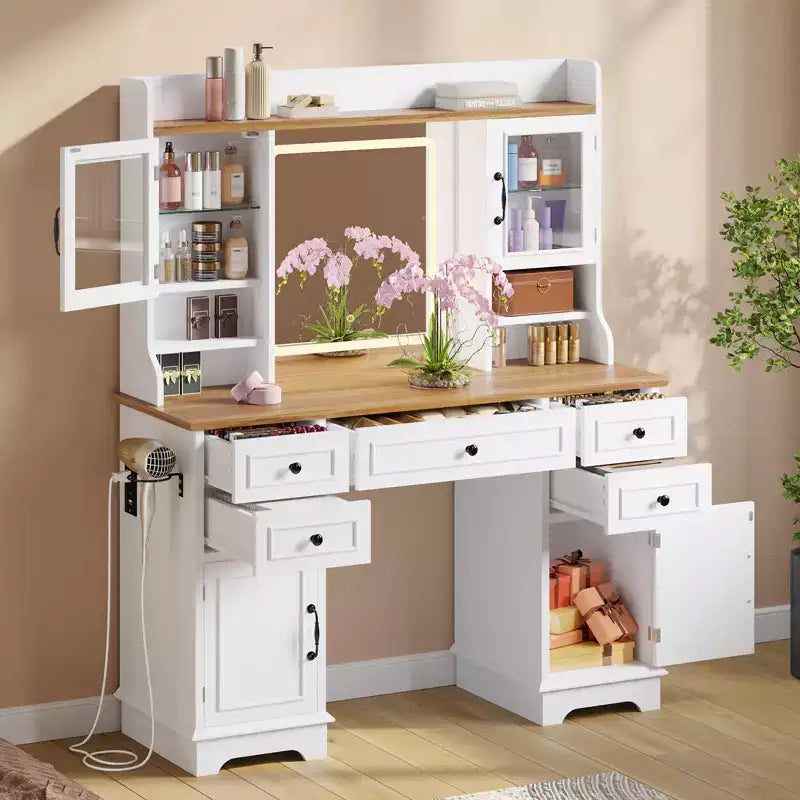 Coiffeuse avec lumières, coiffeuse de ferme avec multiprise, coiffeuse avec plateau en verre et 5 tiroirs, coiffeuse avec miroir pour chambre à coucher