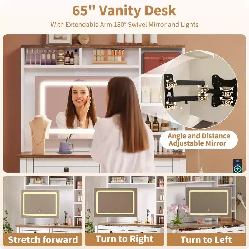 Coiffeuse avec lumières, coiffeuse de ferme avec multiprise, coiffeuse avec plateau en verre et 5 tiroirs, coiffeuse avec miroir pour chambre à coucher