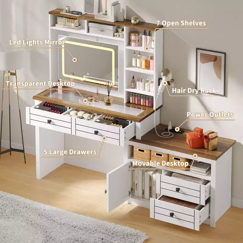 Coiffeuse avec lumières, coiffeuse de ferme avec multiprise, coiffeuse avec plateau en verre et 5 tiroirs, coiffeuse avec miroir pour chambre à coucher