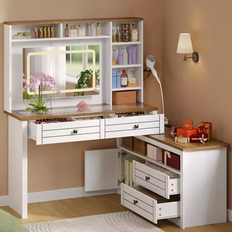 Coiffeuse avec lumières, coiffeuse de ferme avec multiprise, coiffeuse avec plateau en verre et 5 tiroirs, coiffeuse avec miroir pour chambre à coucher